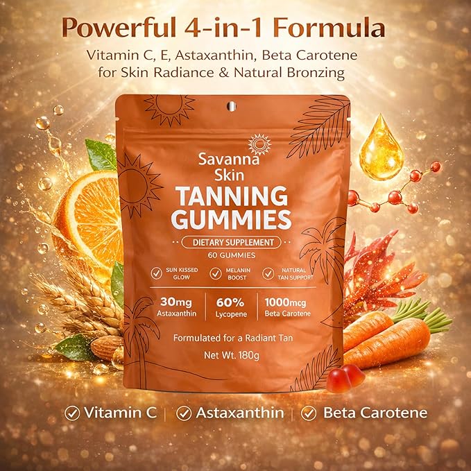 Savanna Skin Tanning Gummies with Vitamin C &amp E Astaxanthin Beta Carotene Skin Radiance &amp Hydration for Natural Looking Glow Bronzing Non-GMO Vegan &amp Sugar Free - 60 Count (3)