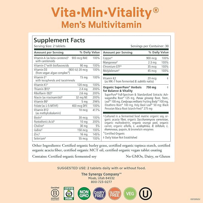 PURE SYNERGY Men’s Multivitamin Stress and Energy Essentials Bundle | Whole Food Multi with Adaptogens and Cordyceps | Natural Vitamin C Immune Supplement | Vegan Non-GMO and Organic Ingredients