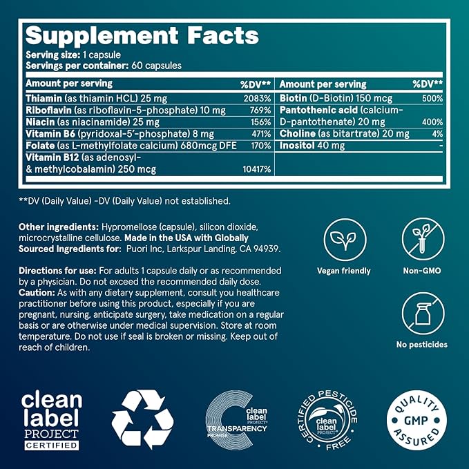 Puori Pure Energy Vitamin B-Complex with 8 Essential Vitamins - Active &amp Methylated B Vitamins (Thiamin Riboflavin Niacin B6 Folate &amp B12) - Biotin Inositol Pantothenic Acid &amp Cholin