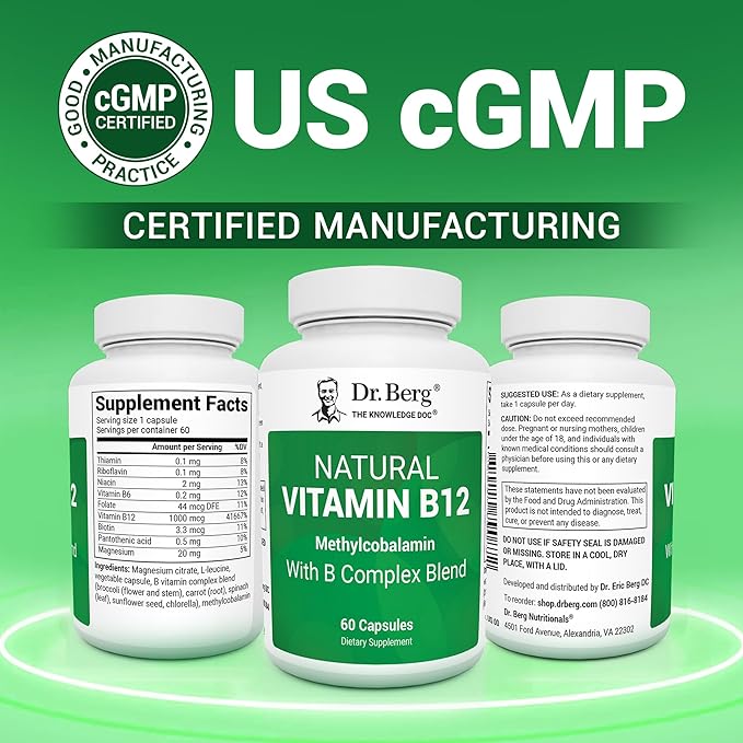 Dr. Berg Natural Vitamin B12 1000 mcg with B Complex Blend - Methylcobalamin B12 for Energy Nerve Health and Cognitive Function* - Methylated B12 with Folate - 60 Capsules (2-Month Supply)
