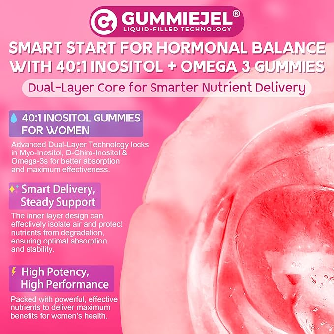 Myo-Inositol &amp D-Chiro Ideal 40:1 Inositol + Omega-3(3:1) Gummies Hormone Balance for Women | Sugar Free Inositol Gummies w/Omega 3 DHA:EPA (3:1) Inositol Supplement for Cycle Health Vegan 60