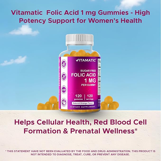 Vitamatic Folic Acid Gummies 1000 mcg (1 mg) - an Essential Prenatal Vitamins for Mom &amp Baby - Vitamin B9-120 Vegan Gummies (2)