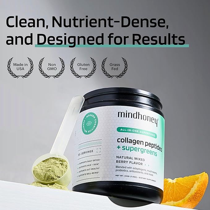 MINDHONEY | Collagen Peptides + Super Greens | Premium All-in-One Superfood Powder | Gut Health Detox Hair &amp Skin Immunity | Collagen Peptides Super Greens Probiotics Adaptogens | 30 Serving