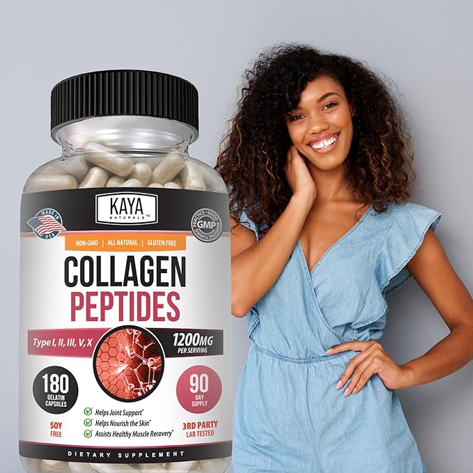 Kaya Naturals Multi Collagen Peptides Complex Powder for Women and Men Types I II III V &amp X | 180 Count Capsules