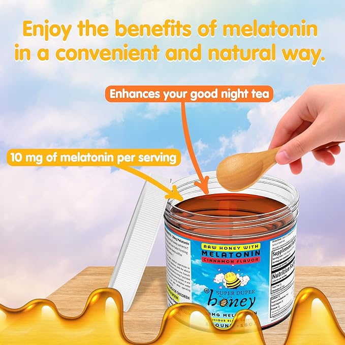SUPER DUPER HONEY Calming Honey with 10mg Melatonin per Serving - Sweet Dreams &amp Tranquil Sleep - Pure Raw Unfiltered &amp Natural Formulation - Cinnamon Flavor - Made in USA - 1 Pound Jar