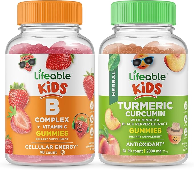 Lifeable B Complex Kids + Turmeric Curcumin Kids Gummies Bundle - Great Tasting Vitamin Supplement Gluten Free GMO Free Chewable Gummy