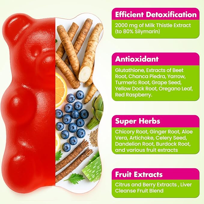 Liver Cleanse Detox &amp Repair Gummies 2000 mg Milk Thistle Extract with Dandelion Artichoke Extract &amp 23 Herbs for Liver Cleanse Detox &amp Cell Repair Gut Skin—Fruit Flavor 60 Gummies