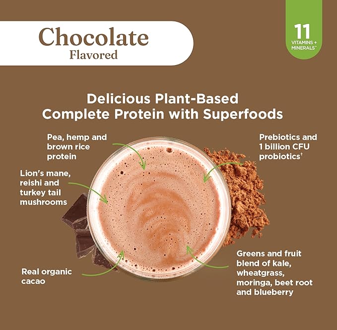Four Sigmatic Organic Plant-Based Protein Powder | Clean Vegan Protein Elevated with Lion’s Mane Chaga Cordyceps and More for Brain Function and Immune Support | Creamy Cacao 21.16 oz