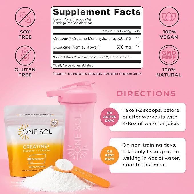 One Sol Creatine for Women All Natural Women’s Creatine Powder w Creapure &amp Leucine Increase Lean Muscle Mass Reduce Recovery Time Promotes Brain &amp Bone Health (Unflavored 60 Servings)