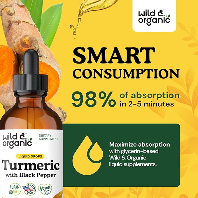 Wild &amp Organic Turmeric Supplement Liquid Drops - Movement &amp Immune Support - Liquid Turmeric with Black Pepper Extract - Add to Tea Tincture - Curcumin Supplements - Sugar &amp Alcohol-Free