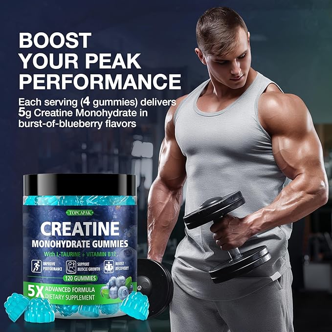 Creatine Gummies for Men &amp Women - Chewable Creatine Monohydrate Gummies with Taurine &amp Vitamin B12 5g Creatine per Serving Blueberry Flavor Raspberry-Shaped - 120 Count