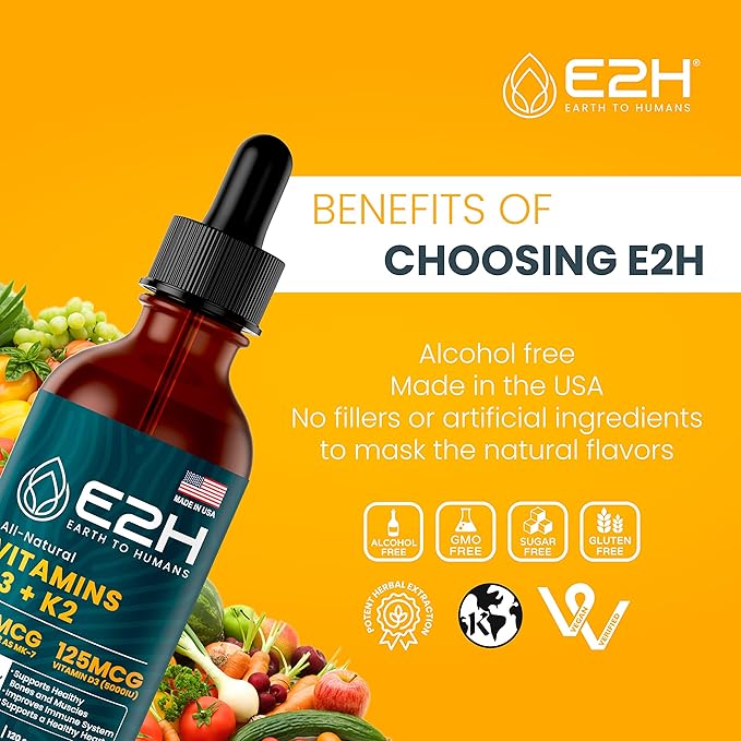 E2H EARTH TO HUMANS Vitamin D3 &amp K2 Supplement for Immune Support - Liquid Vitamin D3 5000 IU - Made in The USA | Non-GMO Vegan - (2 Bottles)