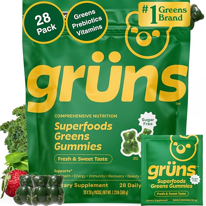 Gruns Adult Sugar-Free Super Greens Multivitamin Gummies Superfood Gummy Vitamins for Women and Men with Spirulina Chlorella Adaptogens &amp Prebiotic Fiber for Digestive Health (28 Count)