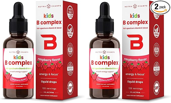 NutraChamps Vitamin B Complex for Kids B1 B2 B3 B6 B7 B9 &amp Methyl B12 Kids B Complex Liquid Drops Supplement Energy Focus Metabolism Natural Berry 120 Servings 4 Month Supply (Pack of