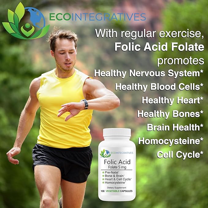 Folic Acid Folate 5mg (B9) Prenatal Reproductive Health Homocysteine Metabolism Cardiovascular Bone Immune Support Allergen Free Non GMO - 100 Vegan Capsules