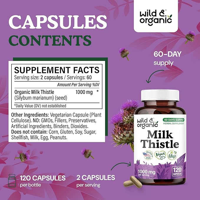 Wild &amp Organic Milk Thistle Capsules 1000mg - Liver Detox Cleanse - Silymarin Milk Thistle Supplement for Liver Support - 120 Vegan Capsules - 2-Month Supply - No Fillers Non-GMO