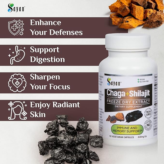 Sayan Siberian Chaga Mushroom Extract with Shilajit 90 Capsules/420mg ea.– Immune and Digestion System Support – Fulvic Acid Supplement – Energy &amp Clarity – Exclusive Blend – No Fillers