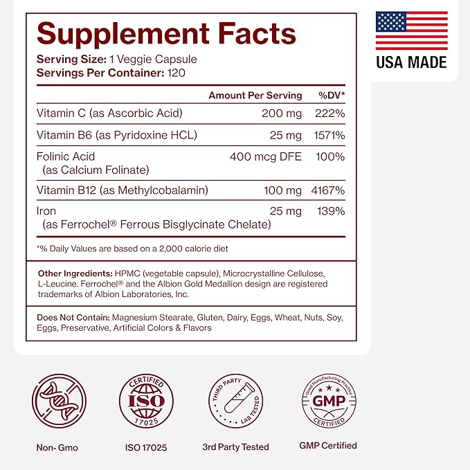 Iron Supplement for Women - Gentle Chelate Iron Bisglycinate 25mg with Vitamin C B6 B12 Folic Acid – Supports Iron Deficiency Menstrual Health &amp Energy - 120 Count