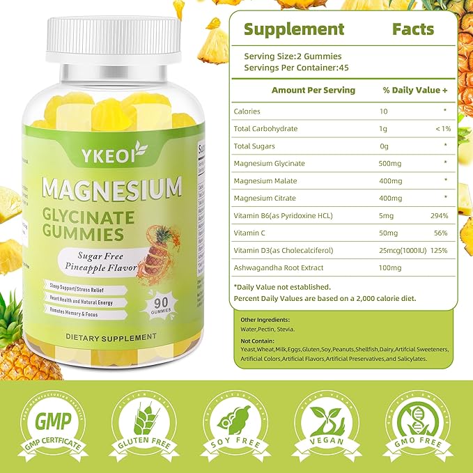 90 CT Magnesium Glycinate Gummies 500 mg with AshwagandhaSugar Free Magnesium Supplement Triple Magnesium Complex with CitrateMalateVitamin C D3 B6for Women and Men Kids Sleep Relaxation