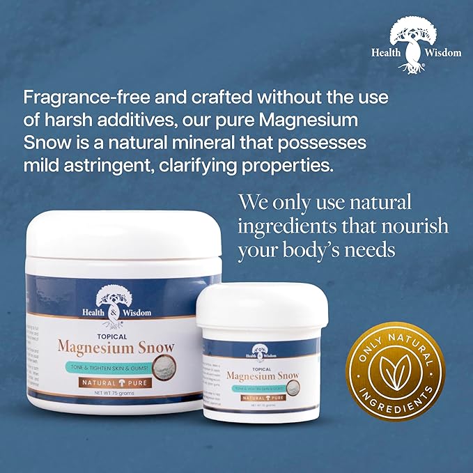 Health and Wisdom Magnesium Snow - Fine Magnesium Carbonate Powder for Face Body and Oral Care - Enhanced Absorption to Tone Smooth and Tighten Skin - 2.65 oz