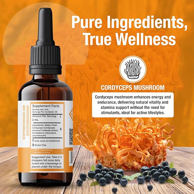 Vesper Cordyceps Mushroom Liquid Extract - Double Extraction with Wild Huckleberries for Energy Endurance Circulation Support USA-Grown for Natural Stamina &amp Vitality – 2oz