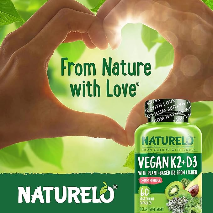 NATURELO Vitamin D3 K2 - Vegan K2+D3 with Plant Based D3 from Lichen - Natural D3 Supplement for Immune System Bone Support Heart Health - Whole Food - Non-GMO - Gluten Free 60 Capsules (Pack of 2)