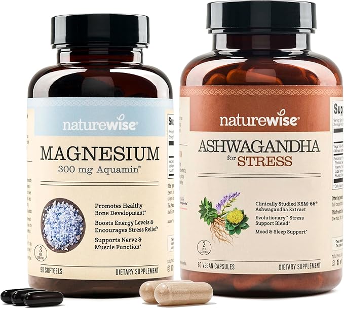 NatureWise [1] Marine Magnesium 300mg - Naturally Sourced Non-GMO - 90 Softgels[60-Day Supply] + [1] Ashwagandha for Stress + GABA &amp L-Theanine - 60 Capsules[30-Day Supply]