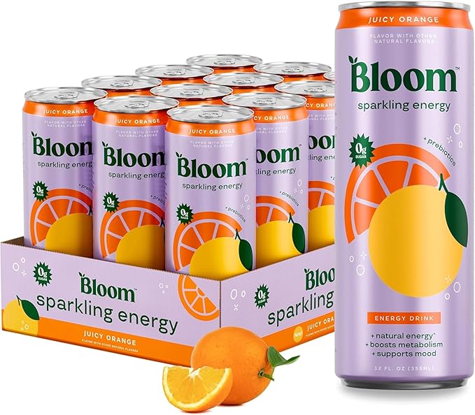 Bloom Nutrition Sparkling Energy Drink - Natural Caffeine Zero Sugar 180mg Caffeine - Antioxidant-Rich with Green Coffee Bean Green Tea Extract Prebiotics - Orange - 12oz 12 Pack