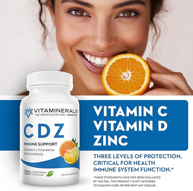 CDZ | Vitamin CDZ | Vitamin C 1000mg | Vitamin D3 125mcg | Zinc Complex 25mg Veggie Caps| 120 Servings