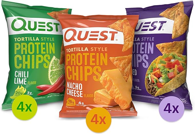 Quest Protein Shake Vanilla 11 Fl Oz 4 Count Pack of 3 and Protein Chips Chili Lime Nacho Cheese Loaded Taco Variety Pack