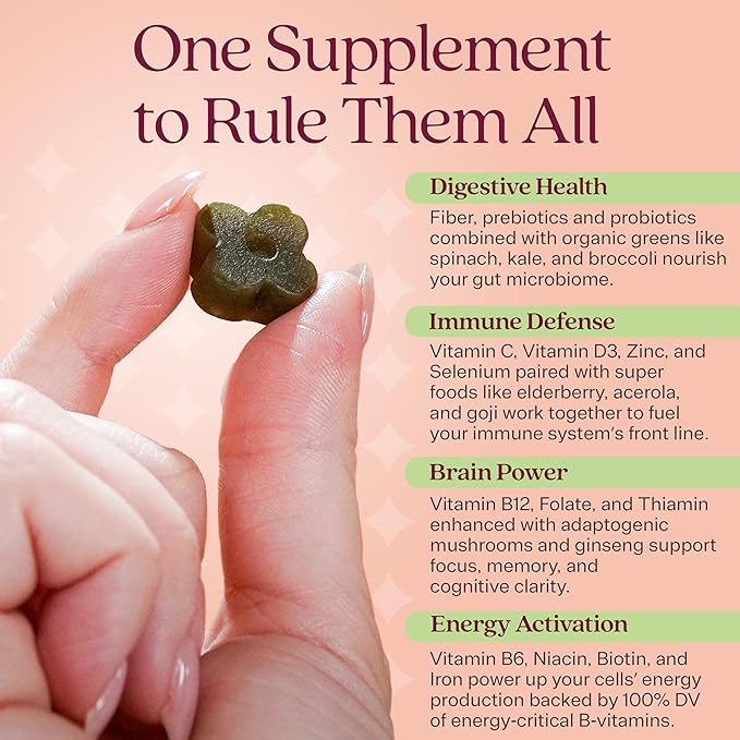 Rizz Sugar-Free Green Gummies - 60+ Superfoods 6g Fiber - Prebiotic and Probiotic Gummies - Vegan Multivitamins for Women &amp Men - Gluten Free - Mushroom Fruit and Vegetable Supplements -30 Day Su