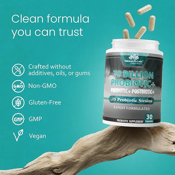 NaturaLife Labs Probiotics 70 Billion CFU – 15 Strains with Organic Prebiotic &amp Postbiotic – 3-in-1 Formula – 30 Vegan Capsules