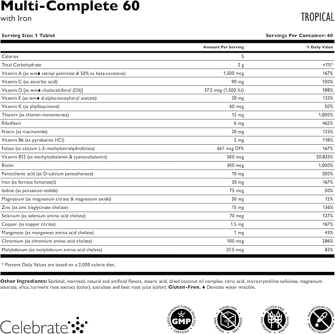 Celebrate Vitamins Multi-Complete Chewables 60mg Iron – Daily Bariatric Multivitamin for Sleeve Gastrectomy &amp Gastric Bypass Surgery Patients – Essential Vitamins &amp Minerals - Tropical (180 T