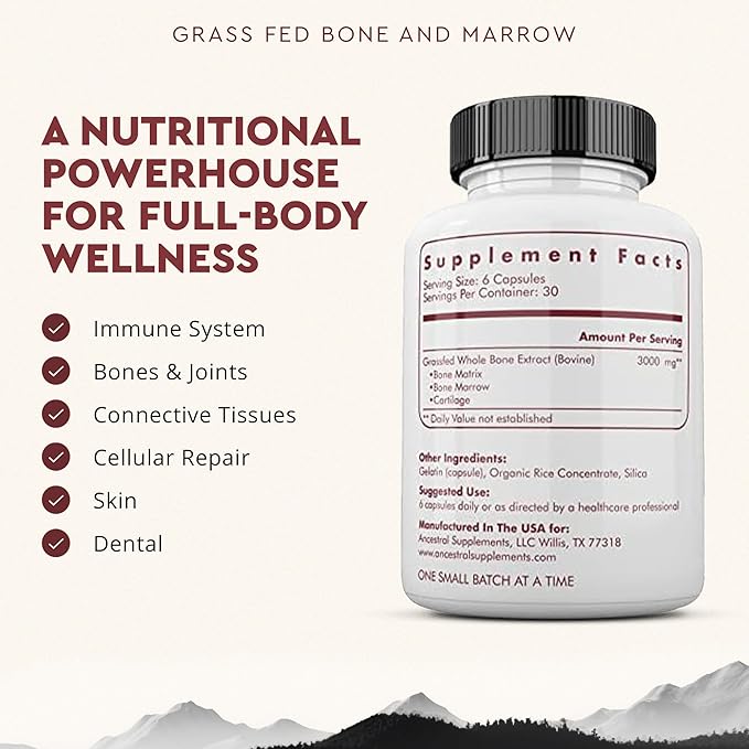 Ancestral Supplements Grass Fed Beef Bone and Marrow Supplement 3000mg Skin Oral Health and Joint Support Supplement Promotes Whole-Body Wellness Non GMO Whole Bone Extract 180 Capsules