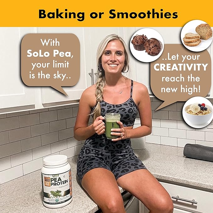 SOLO Organic Pea Protein Isolate Low in Sodium Canada Grown Peas 100% Vegan Non-GMO Unflavored Plant Based Protein Powder with BCAA Keto &amp Paleo Friendly Easy to Digest No Additives (2.7 l