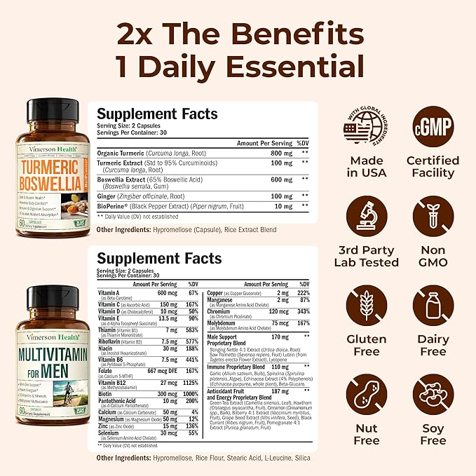 Boswellia Turmeric Curcumin Supplement + Multivitamin for Men Bundle – Supports Joint Health &amp Complete Daily Wellness – with Ginger Root Organic Turmeric Powder Methylated Vitamin B12 Zinc &am