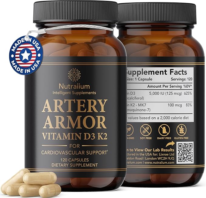 Vitamin D3 K2 Supplement 5000 IU 100 mcg MK7 – High Potency D3+K2 Capsules for Artery Health Heart Support &amp Strong Bones Non-GMO Third-Party Tested d3+k2 Vitamin Supplement Artery Armor -120 Cou