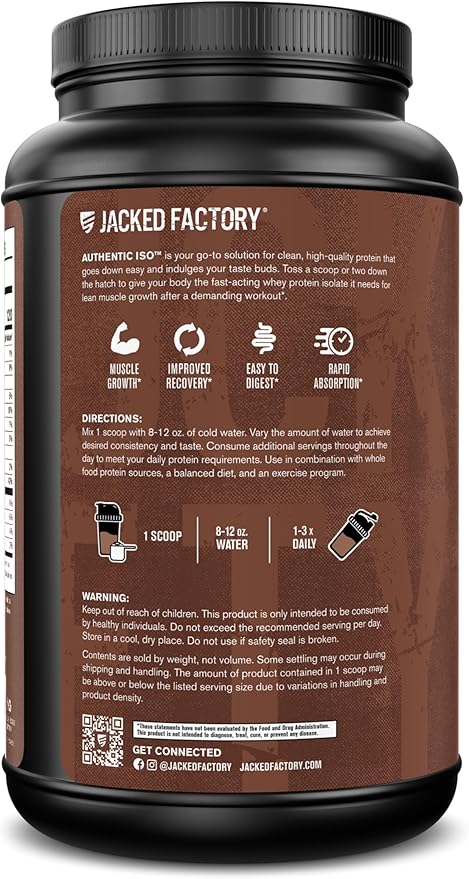 Jacked Factory Authentic ISO Whey Protein Isolate Powder - Low Carb Non-GMO Muscle Building Protein w/No Fillers Post Workout Recovery - 30 Servings Chocolate