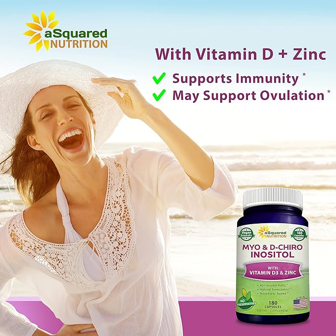 aSquared Nutrition Myo-Inositol &amp D-Chiro Inositol Supplement - 180 Capsules - Plus Vitamin D3 and Zinc - Myo &amp D-Chiro Inositol 40 to 1 Ratio - VIT B8 Complex Pills