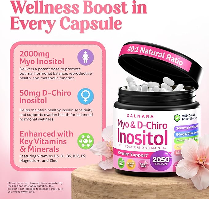 Myo-Inositol &amp D-Chiro Inositol Supplement for Women - 40:1 Ratio Inositol Capsules with Folate Vitamin D3 Magnesium &amp Zinc - Ovarian Support Inositol Multivitamin - 2050mg 120 Count