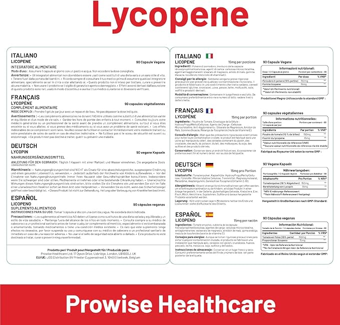 Lycopene 10% Beadlet 15mg 90 Capsules - UK Manufactured | GMP Standards by Prowise Healthcare - Suitable for Vegetarians and Vegans
