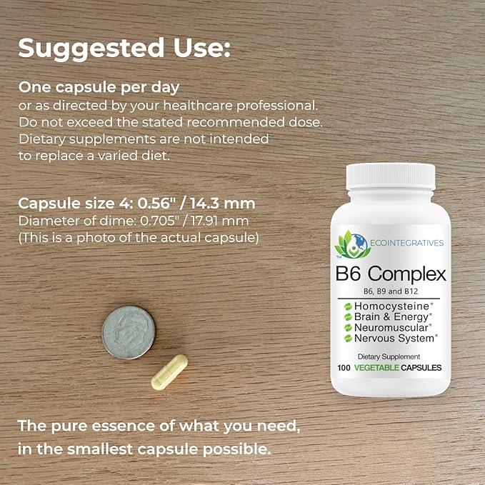 EcoIntegratives B6 Complex Vegan Vitamin B6 B9 Folate B12 Methylcobalamin Supports Cardiovascular Neuromuscular Nervous System Homocysteine Energy Blood Cell &amp Bone Health 100 Caps