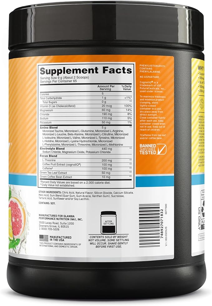 Optimum Nutrition Amino Energy Powder Plus Focus with BCAA Electrolytes and Caffeine Sunkissed Citrus 65 Servings (Packaging May Vary)