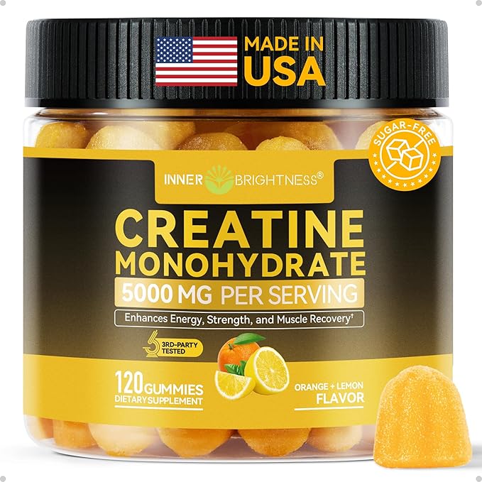 Creatine Monohydrate Gummies for Men &amp Women 5000 mg 3rd Party Tested Creatine Chews for Muscle Growth Strength &amp Energy Support Sugar Free Vegan 120 Count Orange Lemon
