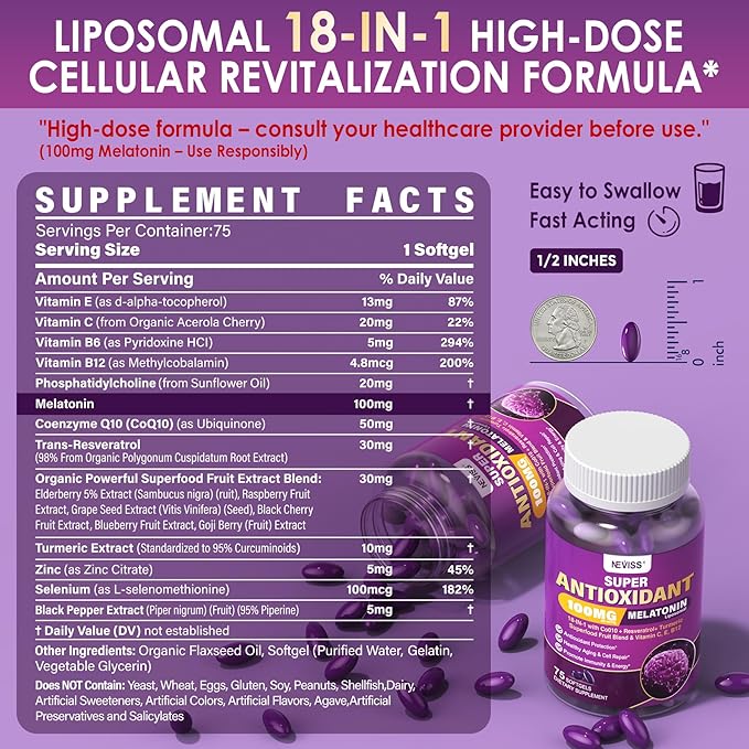 Melatonin 100mg for Antioxidant &amp Cognitive Health Ultra High Dose Melatonin with CoQ10 Turmeric Trans-Resveratrol Vitamin B12 C E for Brain Anti-Aging Cellular Repair and Energy 150 Softgel