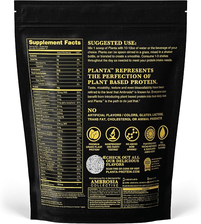 Ambrosia Planta - Premium Plant-Based Protein | Vegan &amp Keto Friendly | Gourmet Flavors with No Bloating or Stomach Upset | Gluten &amp Soy Free | No Added Sugar | 14 Servings | (Candy Bar)