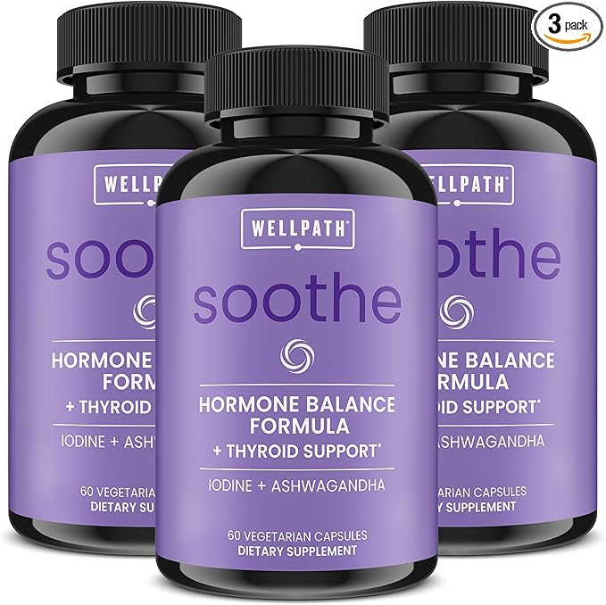 Soothe Hormone Balance for Women + Thyroid Support for Women (3-Pack) | Cortisol Manager Mood Support &amp Metabolism Booster | Adrenal Support | Rhodiola Selenium Iodine | Adaptogens 180 ct