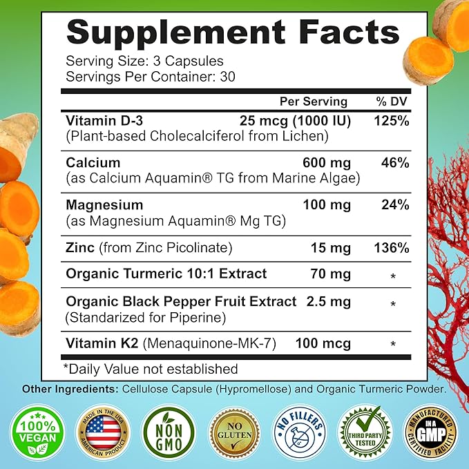 Plant-Based Calcium 600mg (Aquamin) – Vegan Calcium Magnesium Zinc D3 with Vitamin K2 &amp Organic Turmeric – Enhanced Bone and Muscle Health &amp Strength Immune Support for Women &amp Men - 90 C