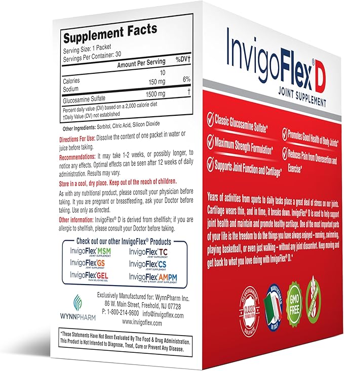 INVIGOFLEX 1500mg of Glucosamine Sulfate Powder (Classic Formulation) - Premium Joint Supplement for Knees Hands Back and Hip Support D: Glucosamine Sulfate Packets - 60 Packets