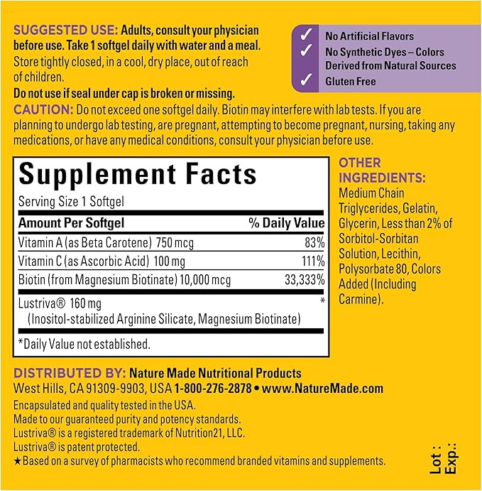 Nature Made Hair-Growth Softgels Clinically Studied Lustriva + Biotin Vitamin C &amp A Hairs Growth Vitamins - Support Healthy Hair as You Age 30 Softgels 30 Day Supply (Pack of 2)